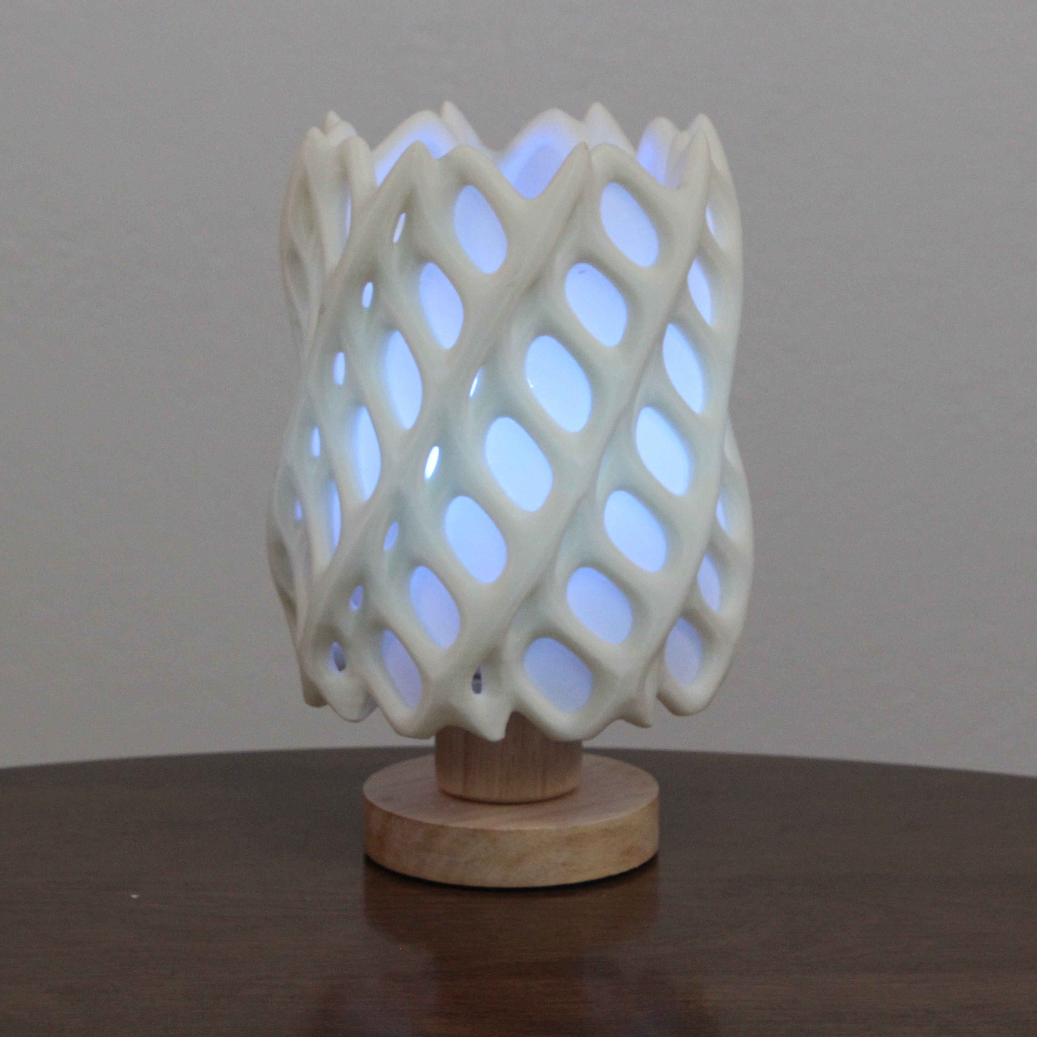 Lattice-patterned ceramic lamp on a wooden base with a white background